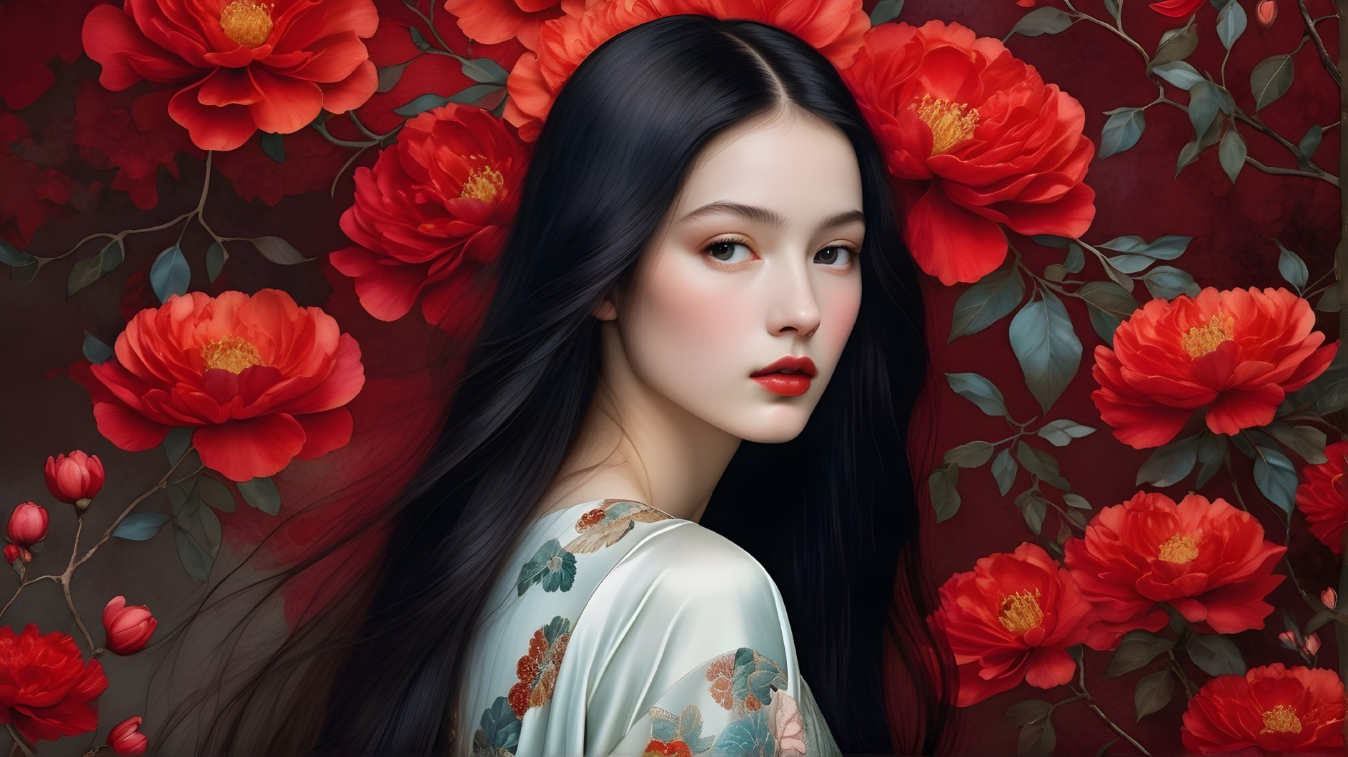 Young woman with black hair among red peonies