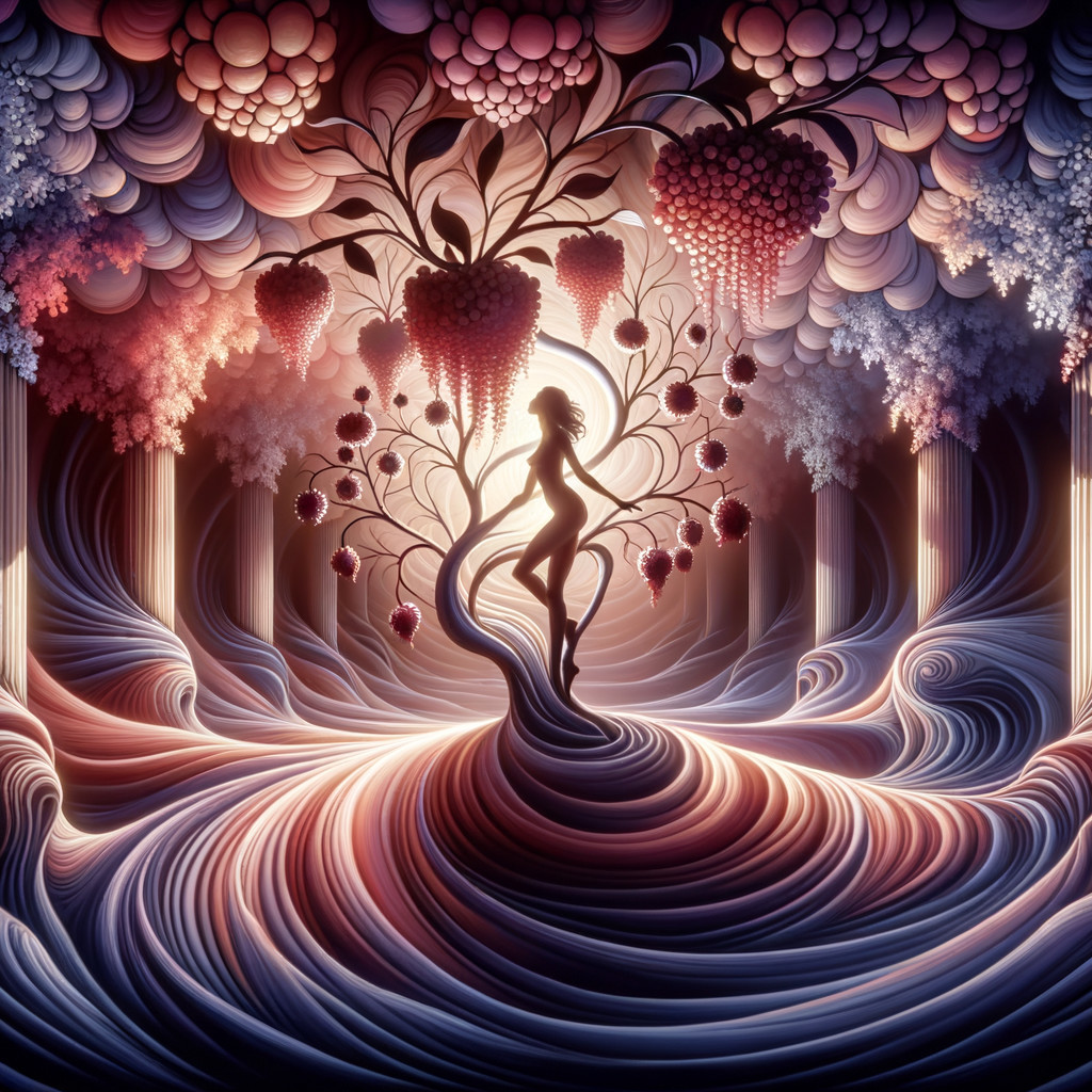 Surreal Scene of Colorful Waves and Intricate Vines