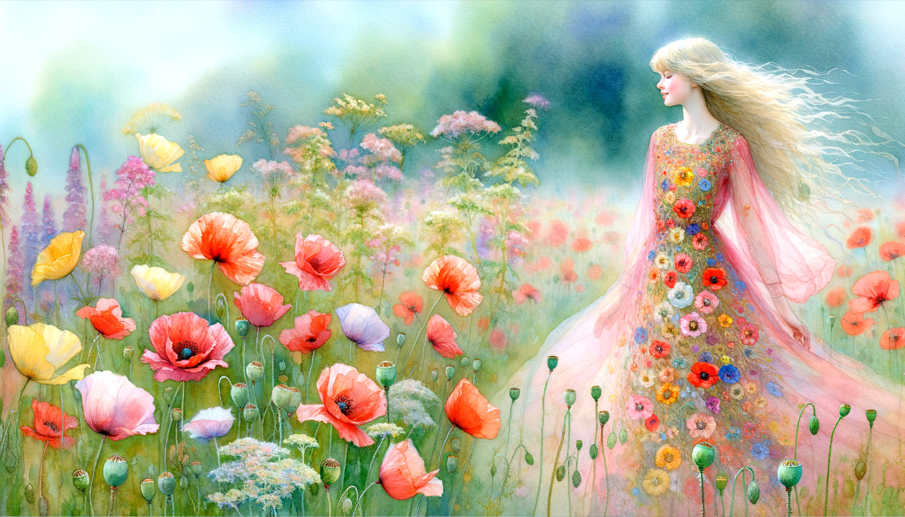 Young Woman in Flower Gown in Vibrant Meadow
