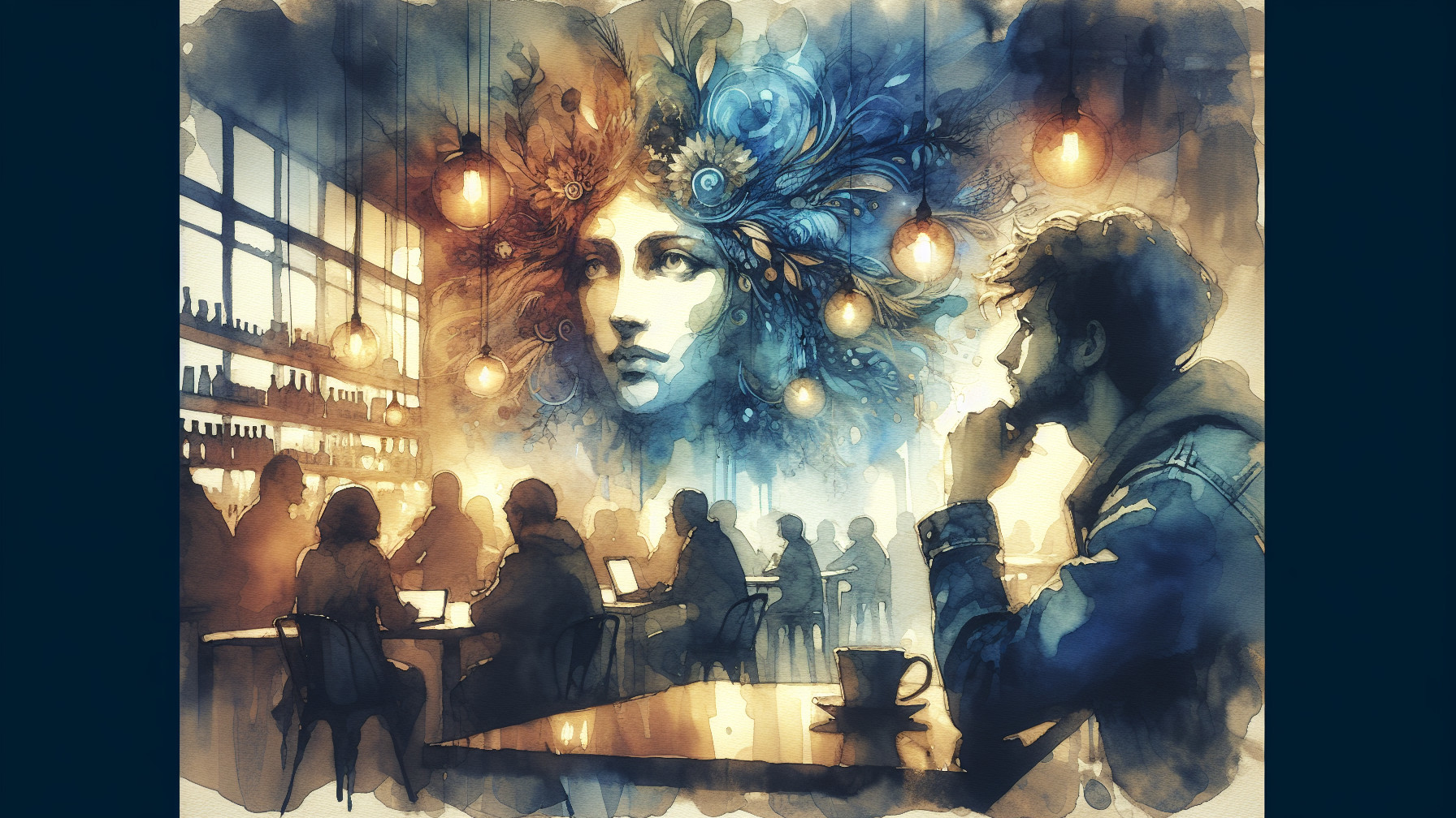 Watercolor Café Scene with Mural and Warm Lighting