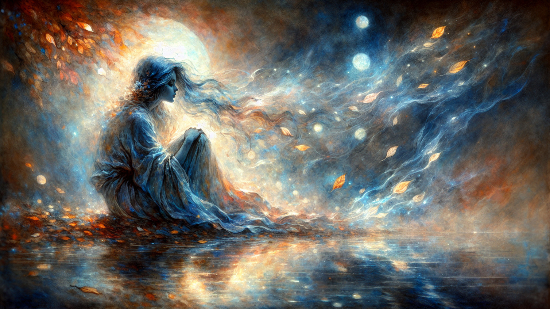 Serene figure by water in a dreamy landscape scene