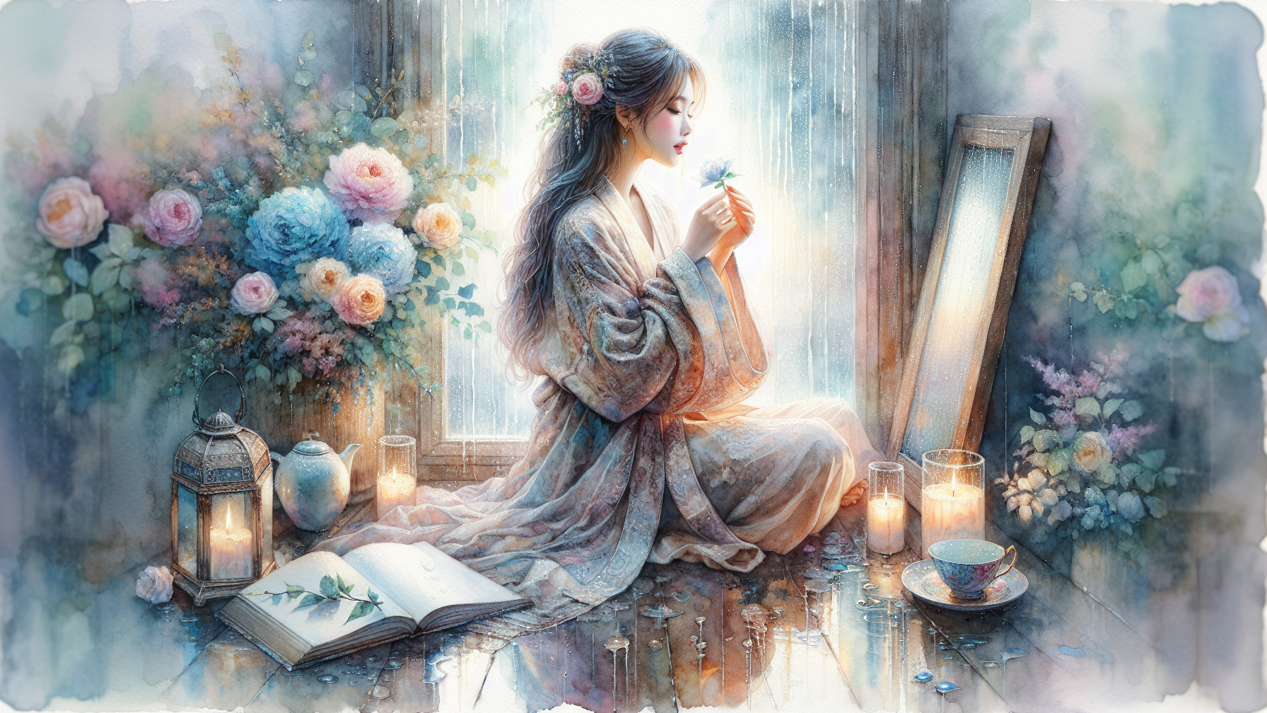 Serene Woman in Kimono by Sunlit Window with Flowers