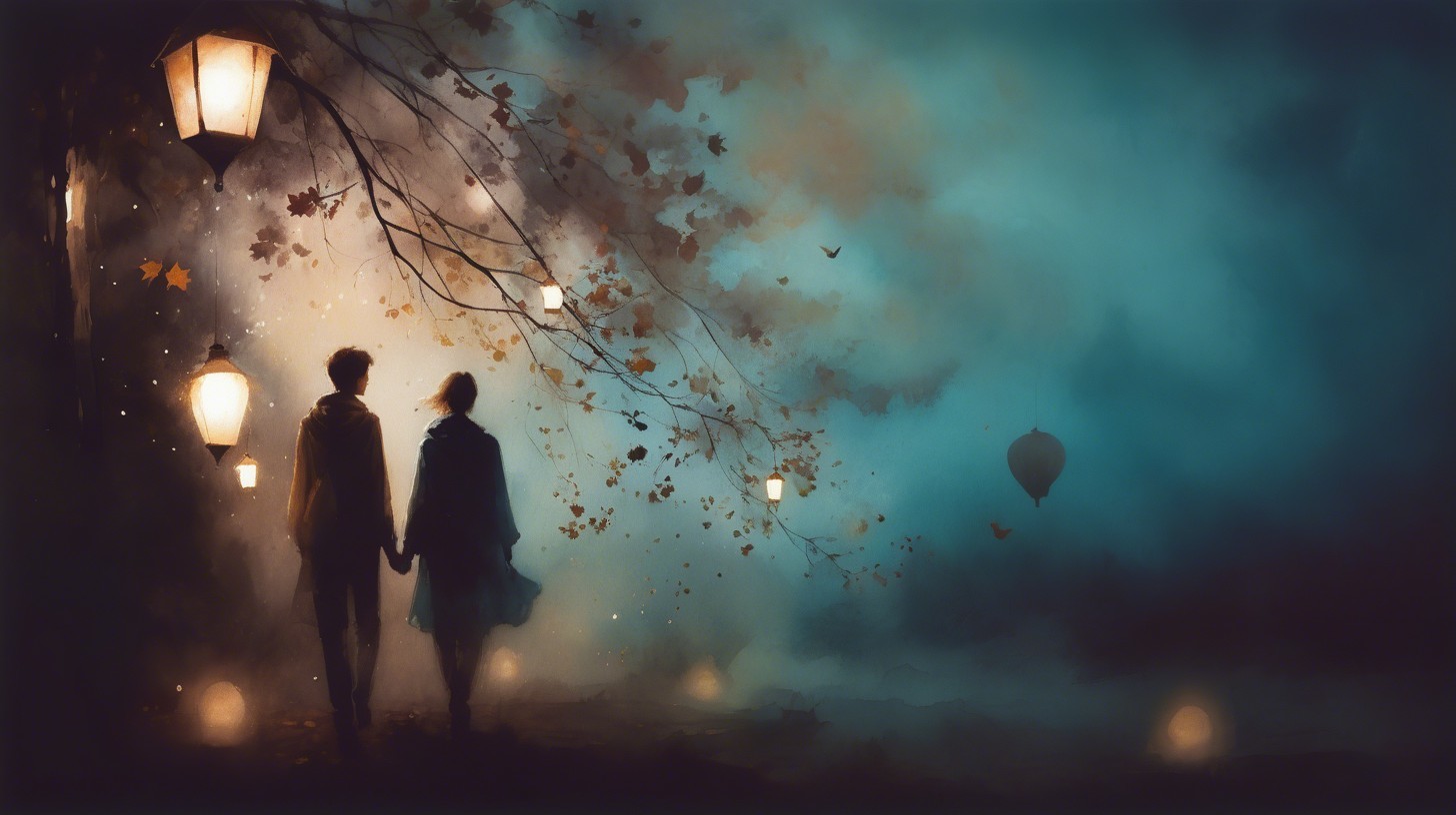 Couple Silhouetted in Misty Autumn Scene with Lanterns