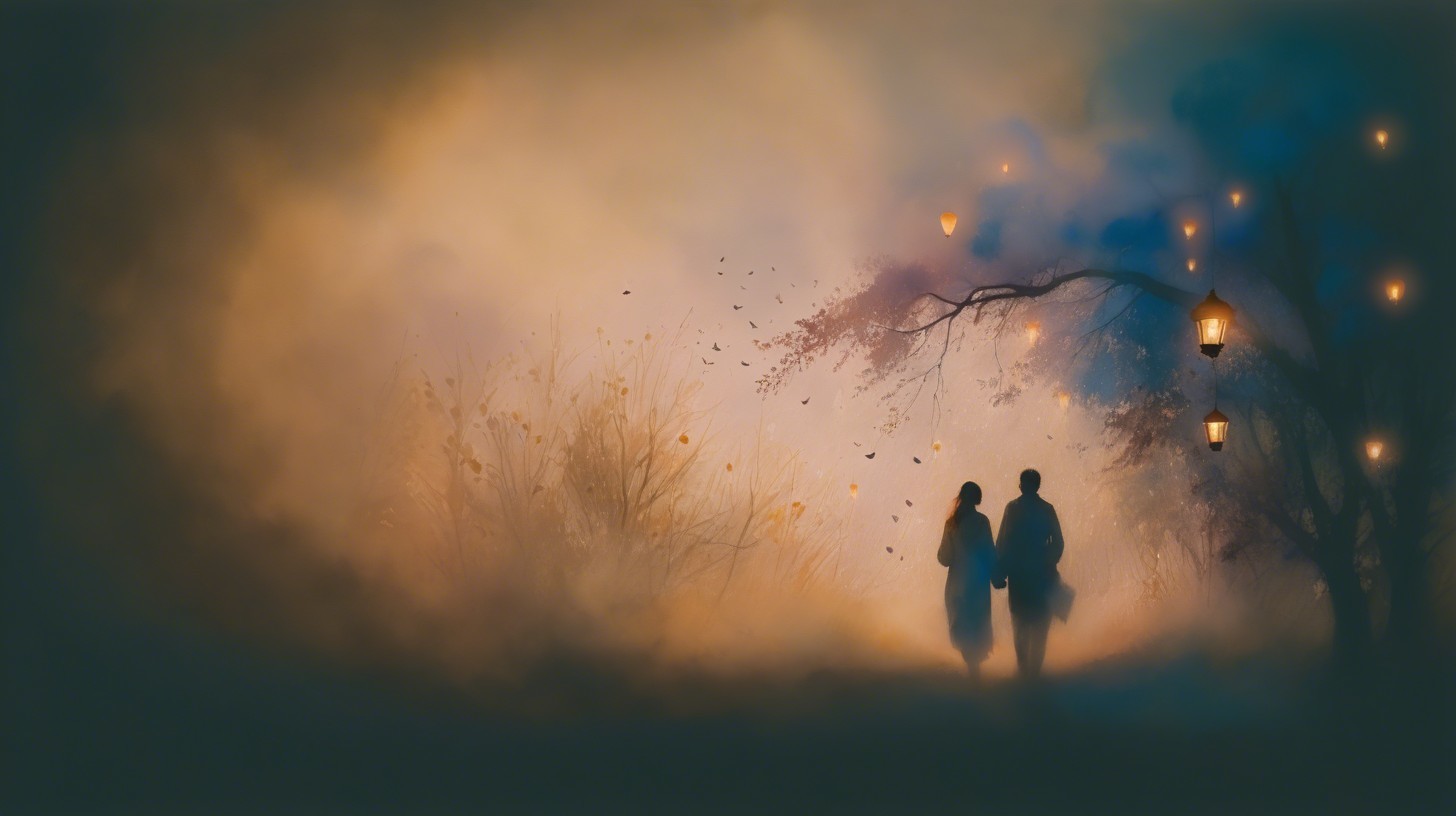 Serene Evening Scene of a Couple on a Misty Path