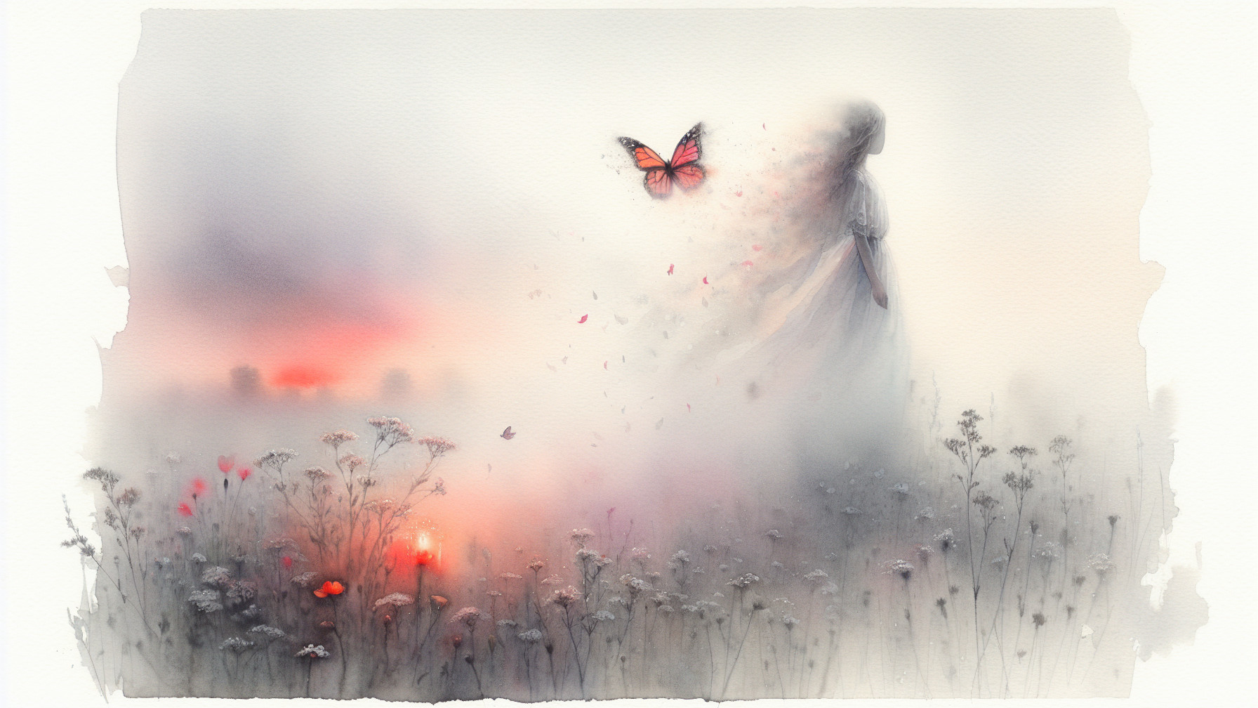 Serene Dreamlike Scene with Flowing Dress and Flowers