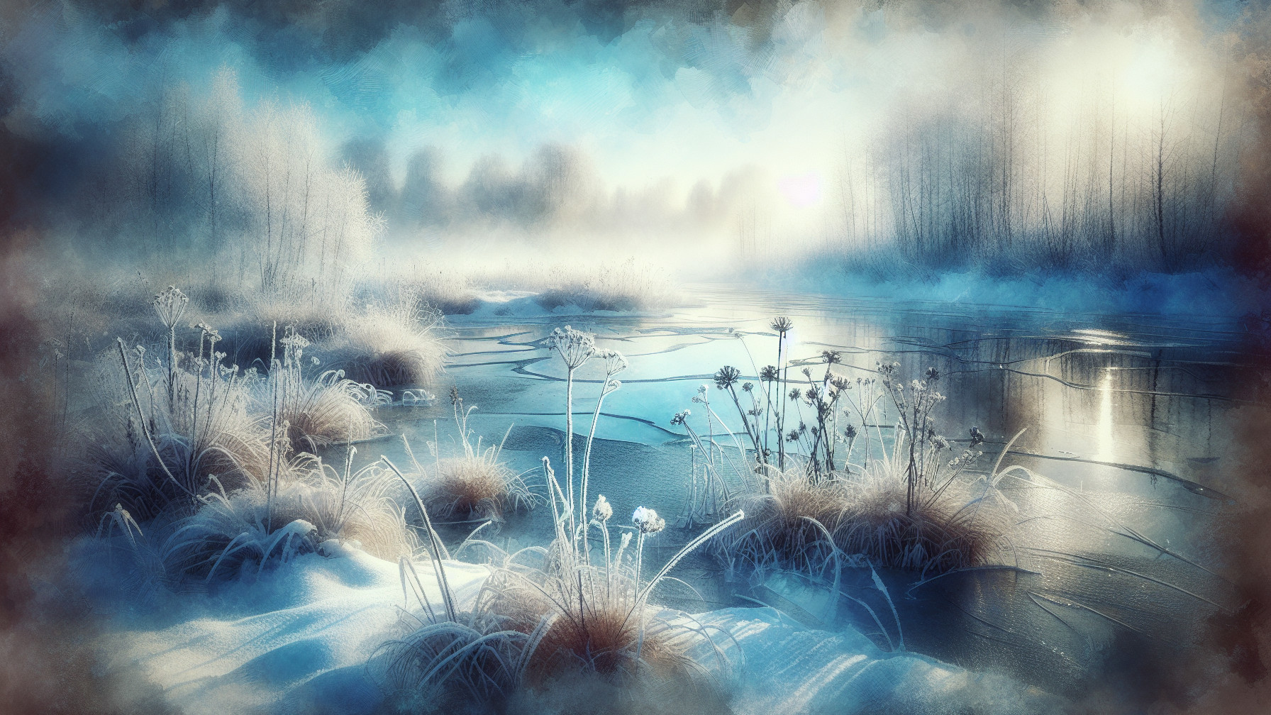 Winter Wonderland with Frozen Canal and Dense Forest