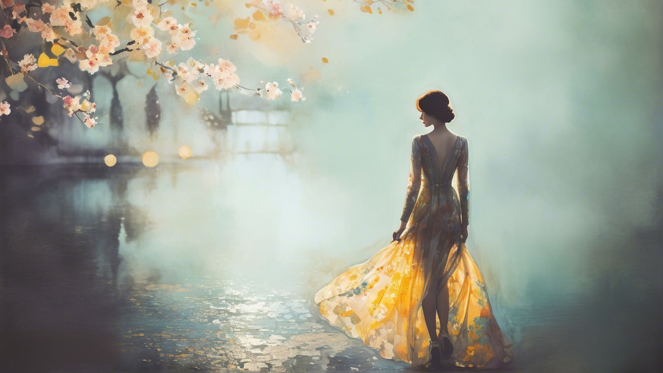 Woman in Floral Gown by Tranquil Water and Blossoms