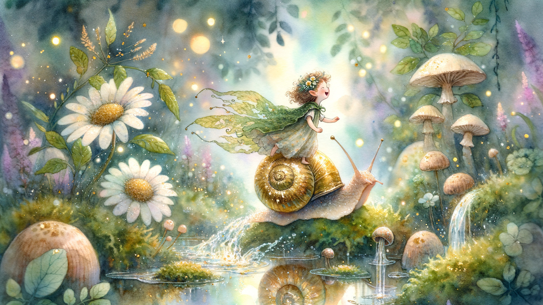 Whimsical Fairy Riding Giant Snail in Enchanted Forest
