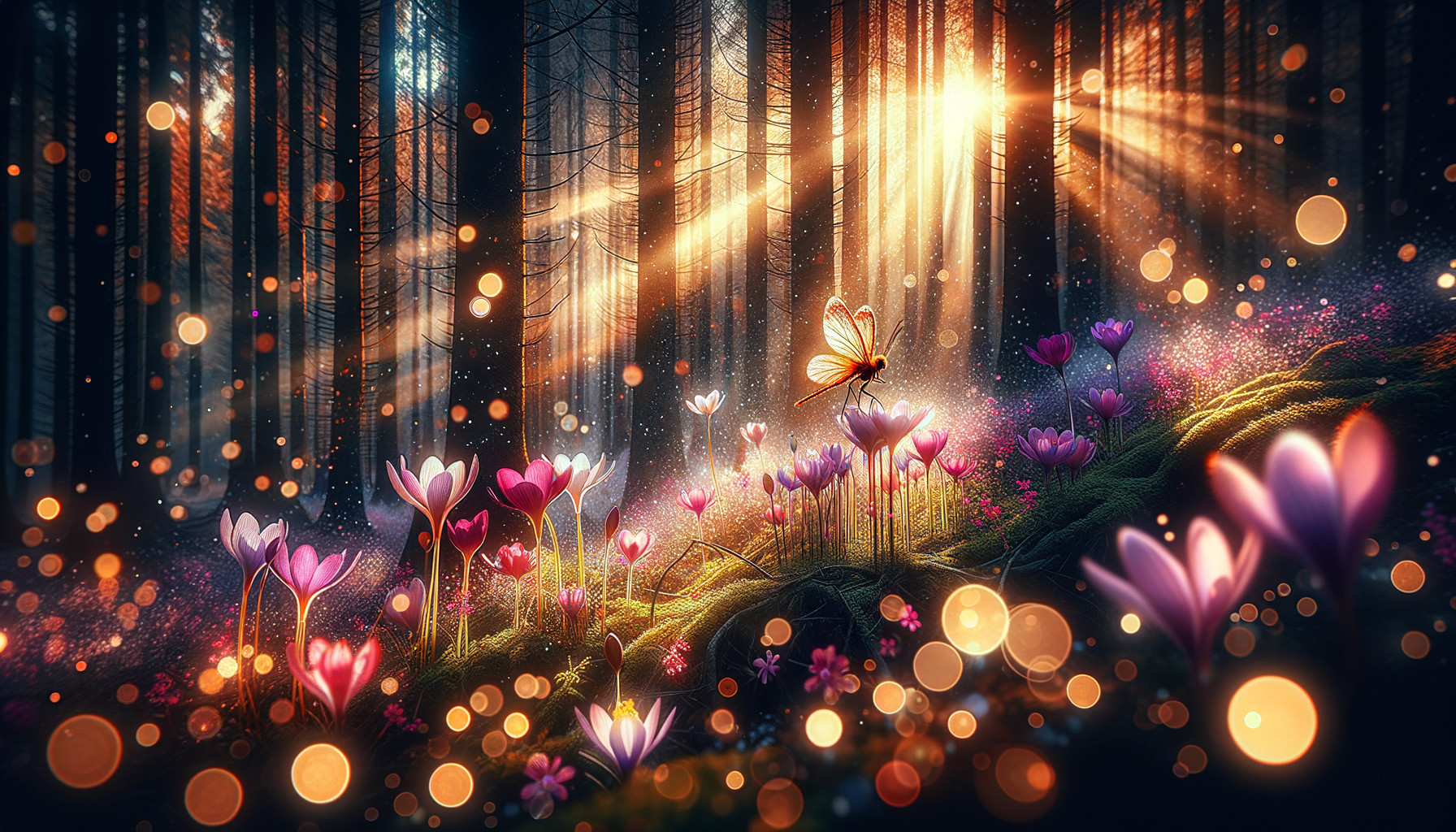 Serene Forest Scene with Sunlight and Vibrant Flowers