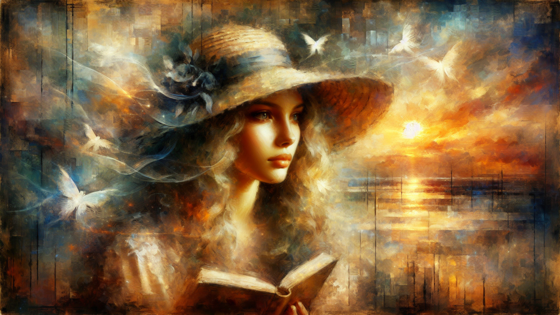 Young woman in straw hat with book and doves at sunset