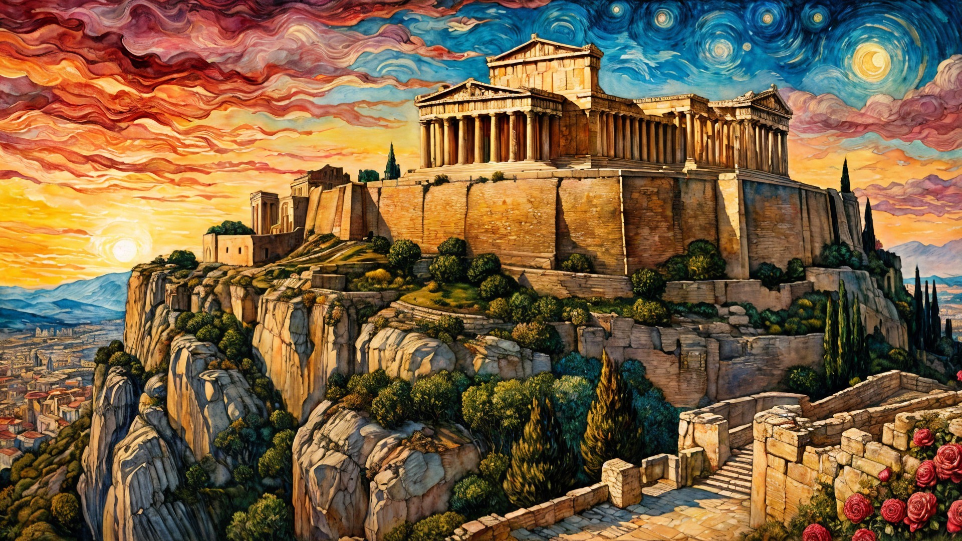 Impressionistic View of the Acropolis in Vibrant Colors