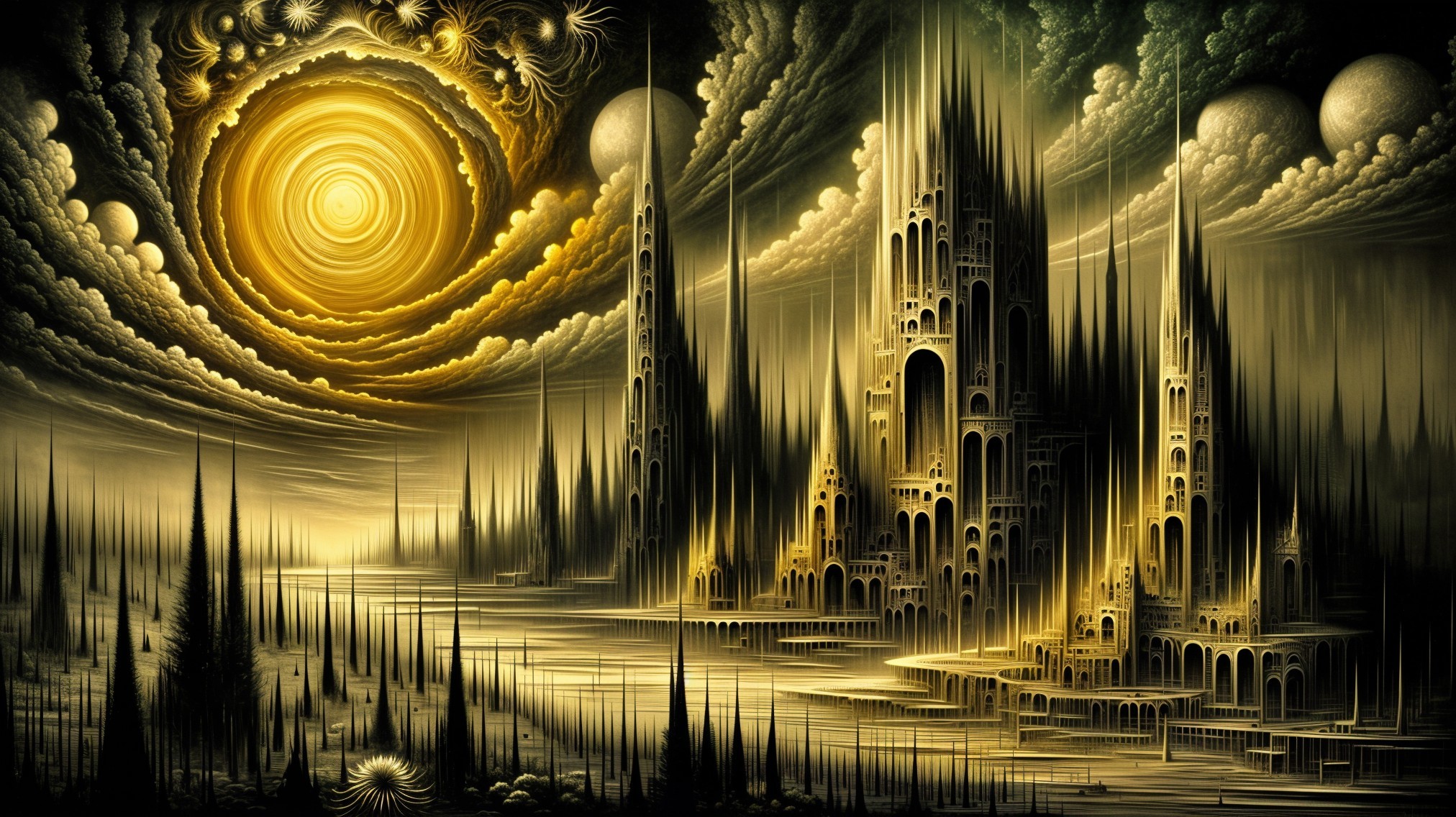 Surreal Landscape with Gothic Structures and Golden Light