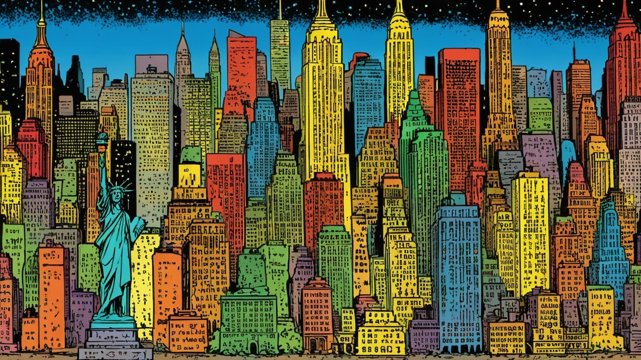 Colorful Cityscape with Skyscrapers and Statue of Liberty