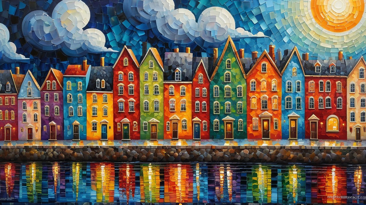 Colorful Waterfront Houses in a Vibrant Landscape