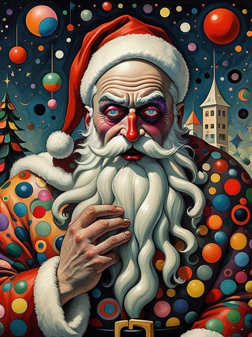 Whimsical Santa Claus Illustration with Festive Background