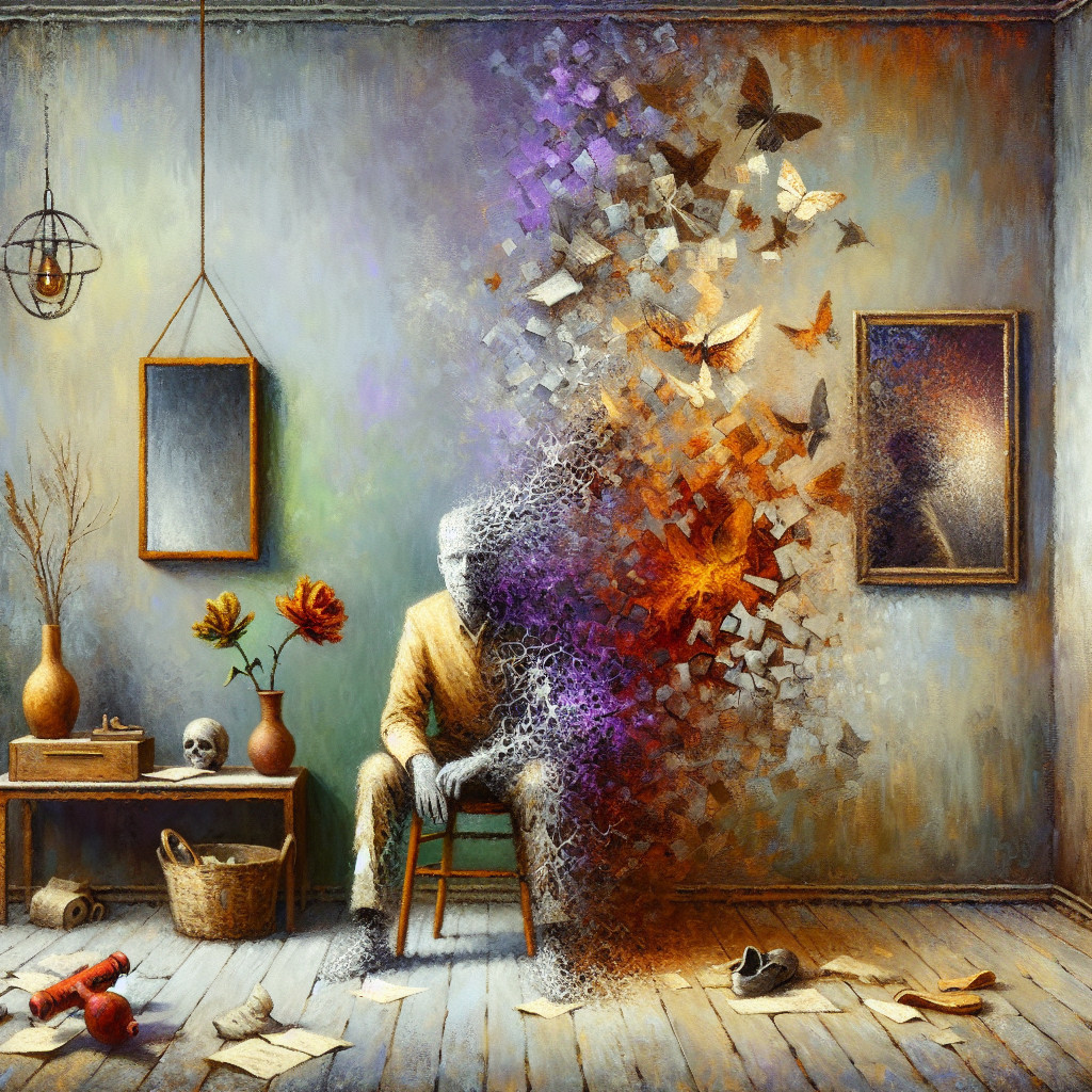 Artwork of a figure dissolving into butterflies and chaos