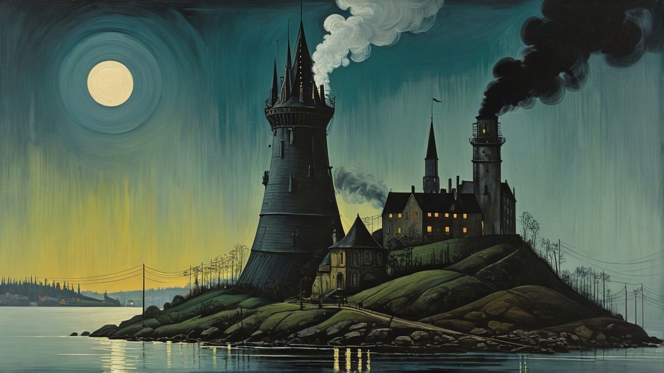 Mysterious Tower and Medieval Building Under Moonlight