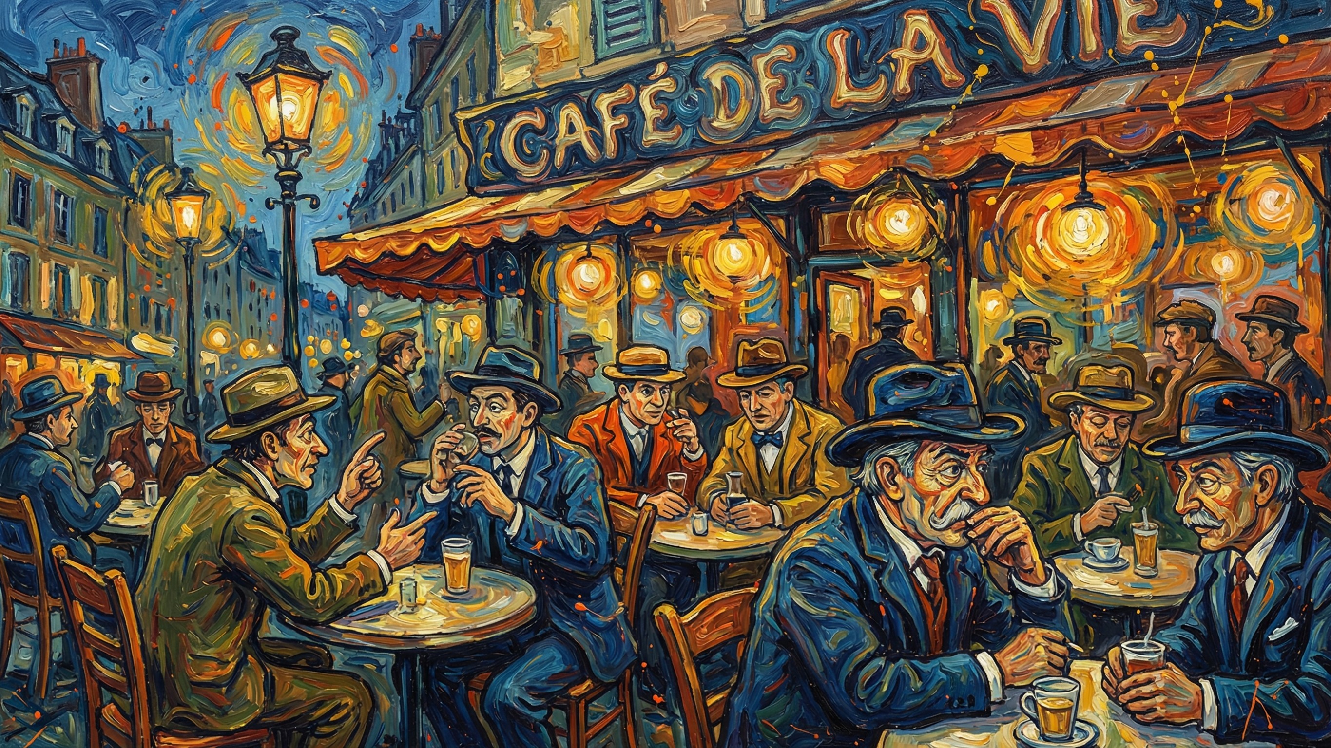 Nighttime Scene of Men at a French Cafe in Van Gogh Style