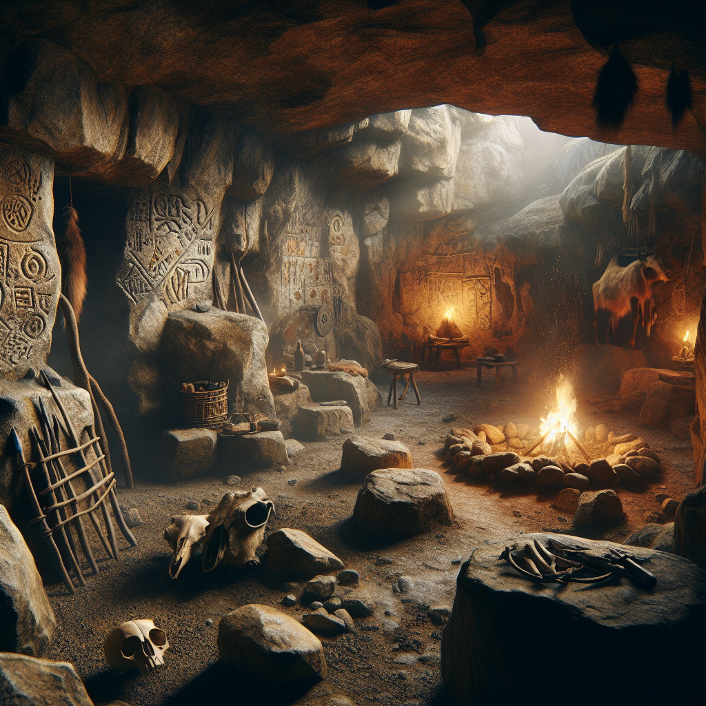 Ancient Cave Interior with Fire and Ritual Artifacts