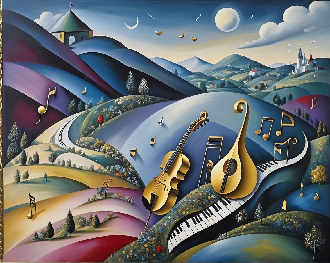 Whimsical Landscape with Musical Elements in Colors