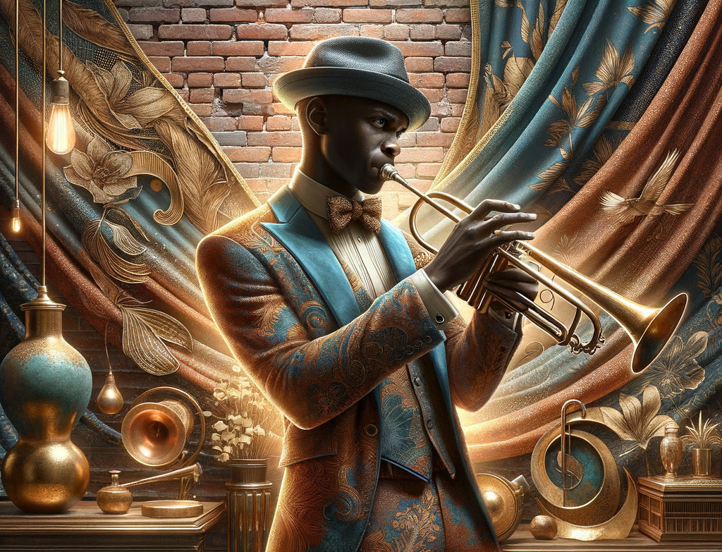 Musician in Vibrant Suit Playing Trumpet in Vintage Setting