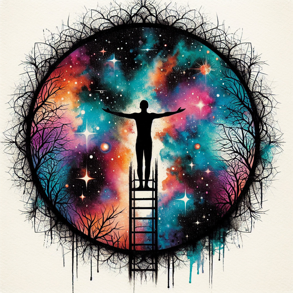 Silhouette on Ladder Against Cosmic Scene and Trees