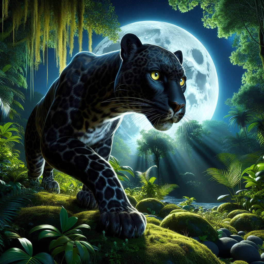 Black Panther in Lush Jungle Under Full Moonlight