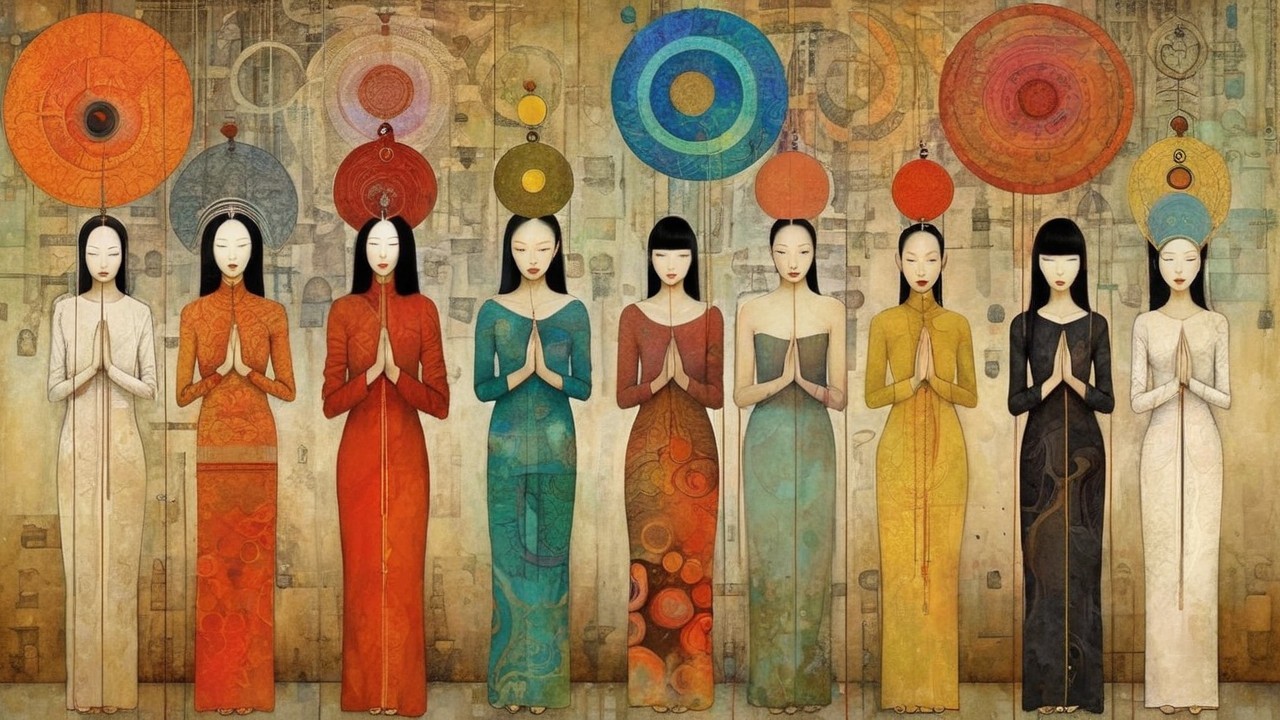 Nine Women in Colorful Dresses with Floating Motifs