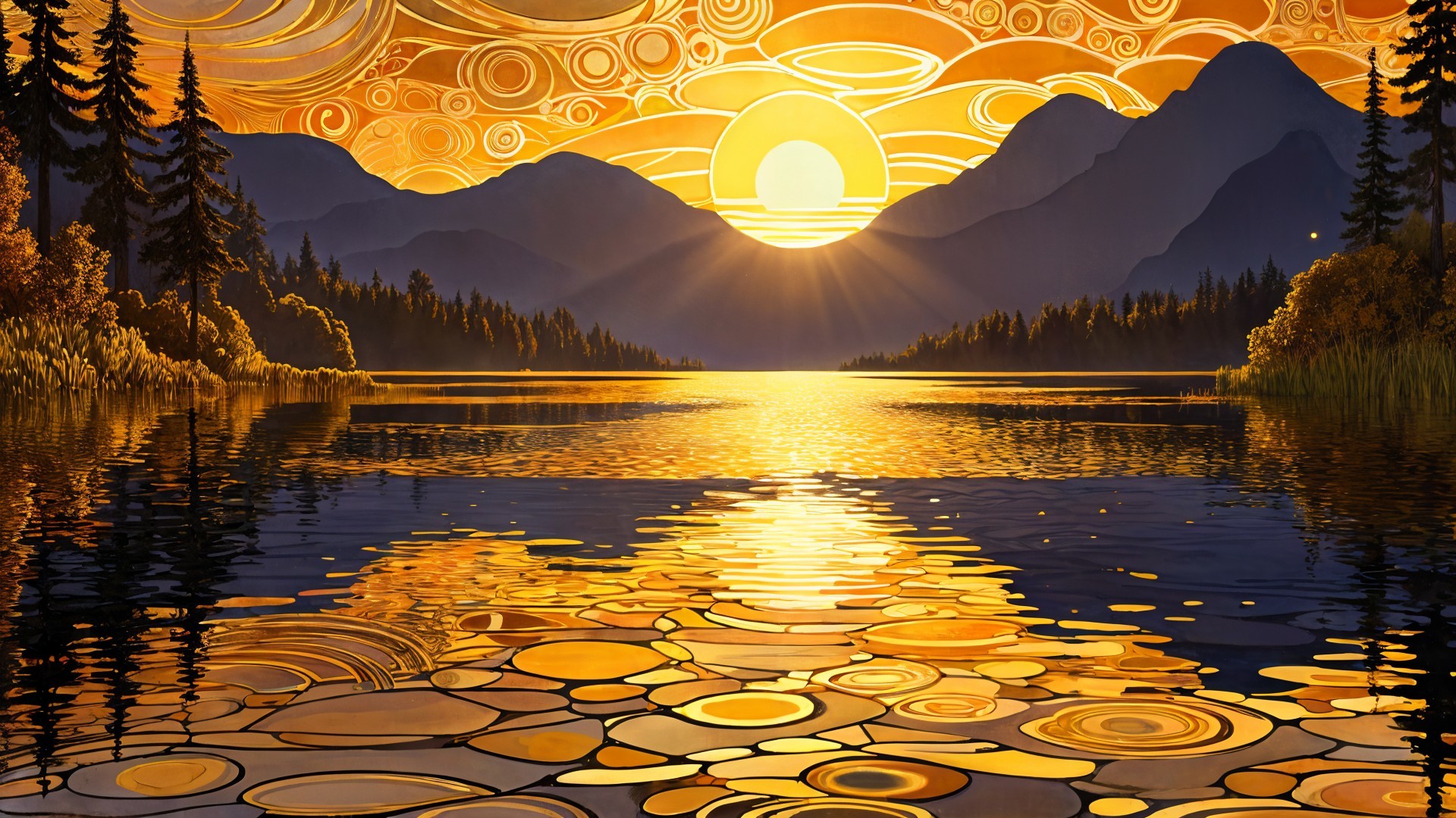 Serene Sunset Landscape with Mountains and Reflections