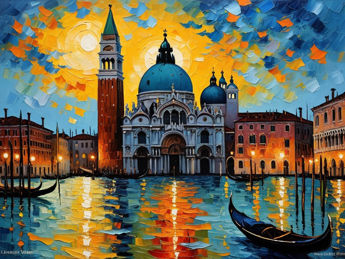 Impressionistic Sunset Scene of Venice's Basilica