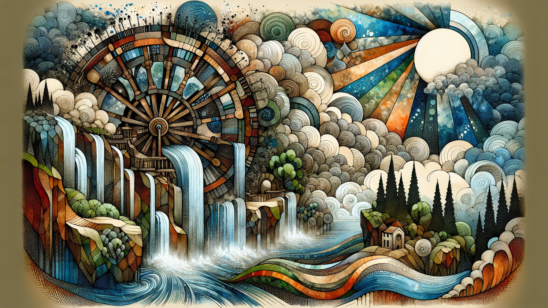 Vibrant Landscape with Waterwheel and Waterfalls