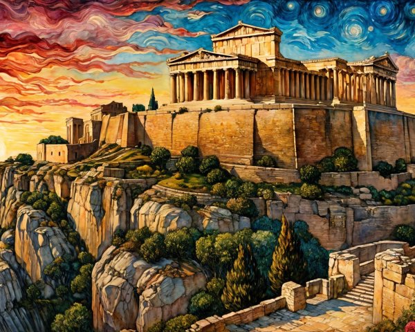 Impressionistic View of the Acropolis in Vibrant Colors