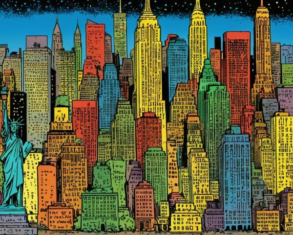 Colorful Cityscape with Skyscrapers and Statue of Liberty
