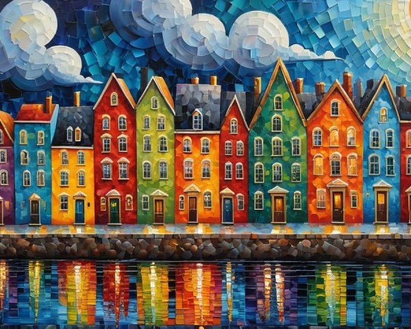 Colorful Waterfront Houses in a Vibrant Landscape