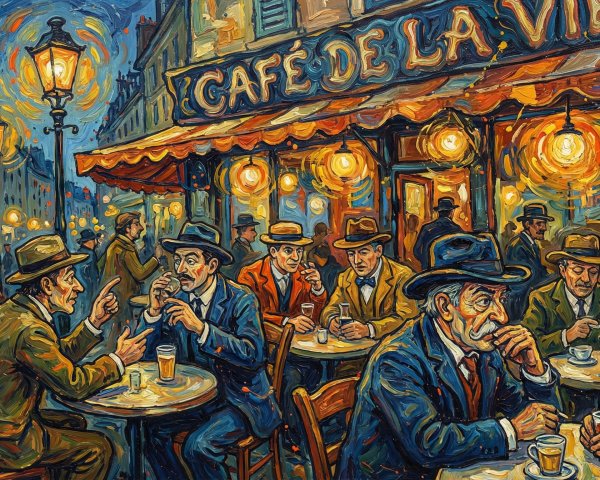 Nighttime Scene of Men at a French Cafe in Van Gogh Style
