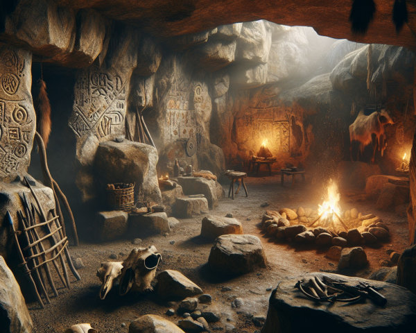 Ancient Cave Interior with Fire and Ritual Artifacts