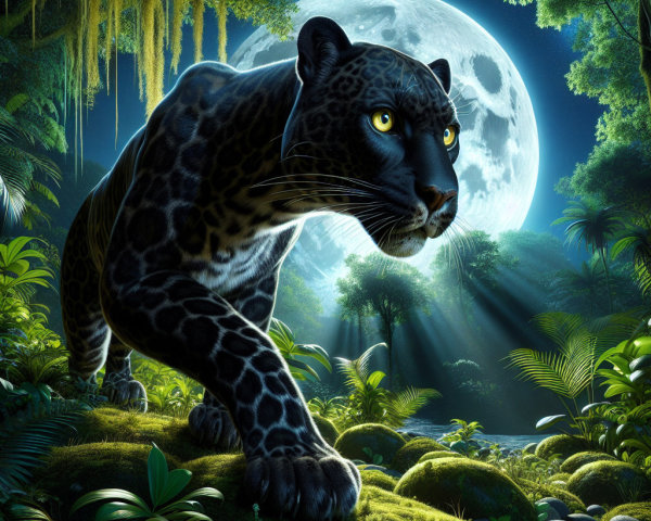 Black Panther in Lush Jungle Under Full Moonlight