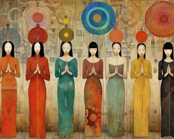 Nine Women in Colorful Dresses with Floating Motifs