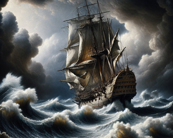 Majestic Sailing Ship in Stormy Ocean Waters