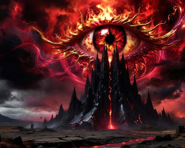 Dark Night Landscape with Fiery Eye and Lava Eruption