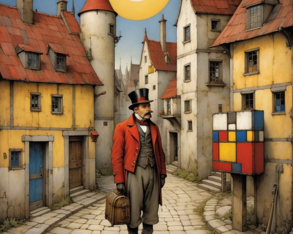 Dapper Man in Red Coat on Cobblestone Street