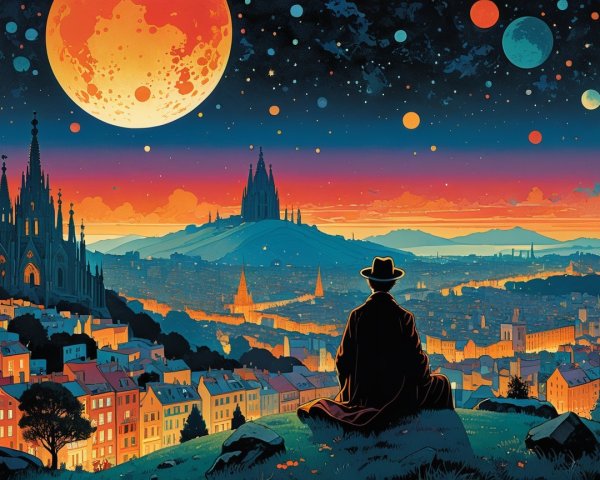 Serene Figure Overlooking Cosmic Cityscape and Mountains