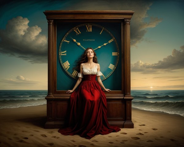 Young Woman by Vintage Clock at Sunset Beach