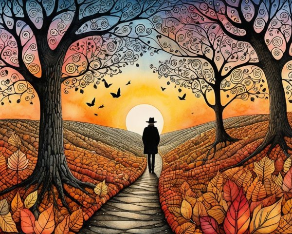 Lone Figure Walking in Vibrant Autumn Landscape