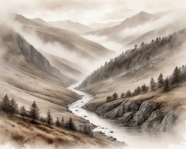 Serene Landscape with River and Misty Mountains