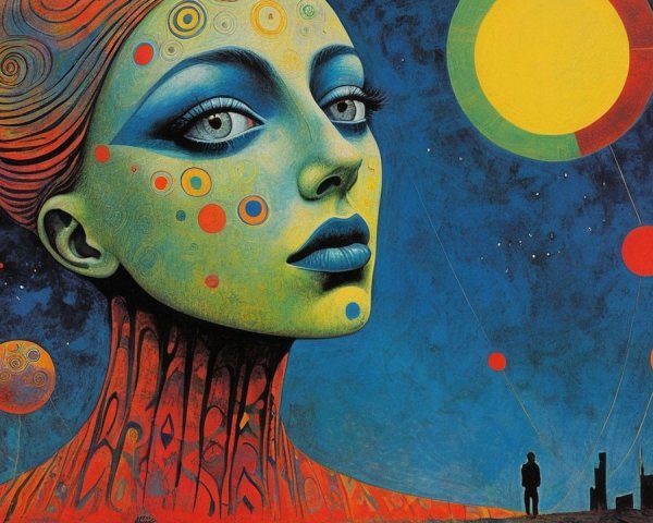 Stylized Woman with Blue Skin and Colorful Background
