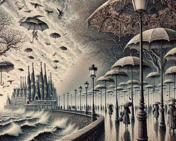 Surreal Stormy Landscape with Umbrellas and Castle