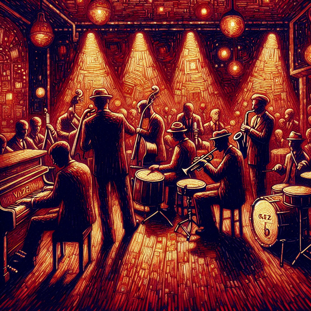 Lively jazz club scene with musicians and audience