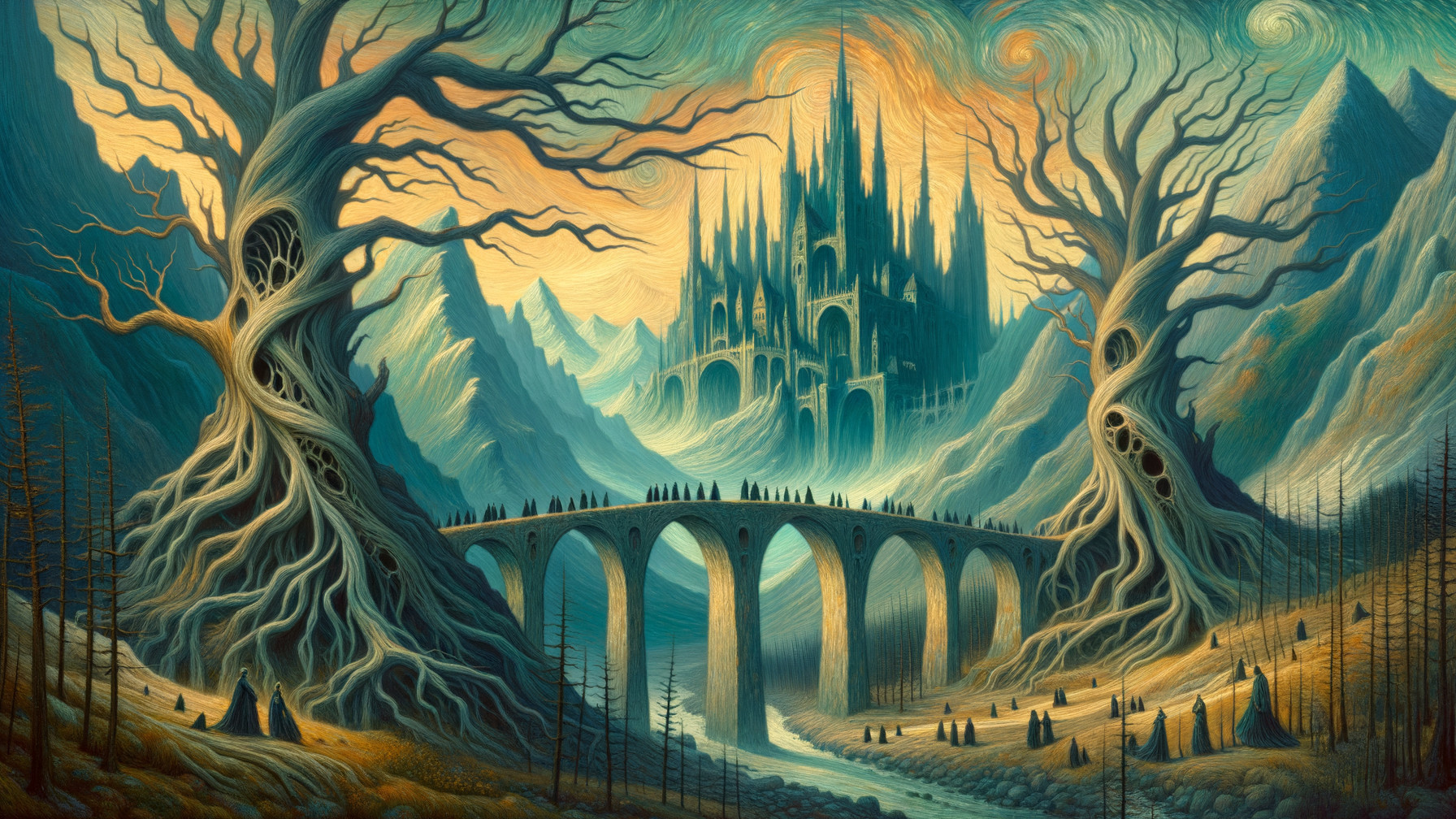 Surreal Landscape with Trees, Castle, and River