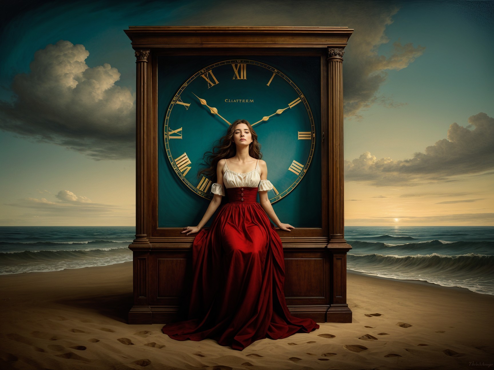 Young Woman by Vintage Clock at Sunset Beach